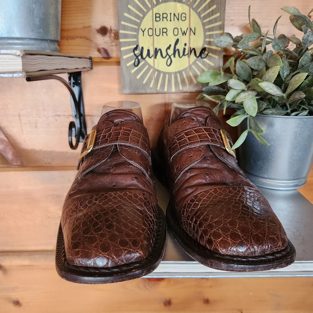 David Eden Exotic Ostrich Croc Gator Leather‎ Monk Strap Oxford Dress Shoes Sz 9
